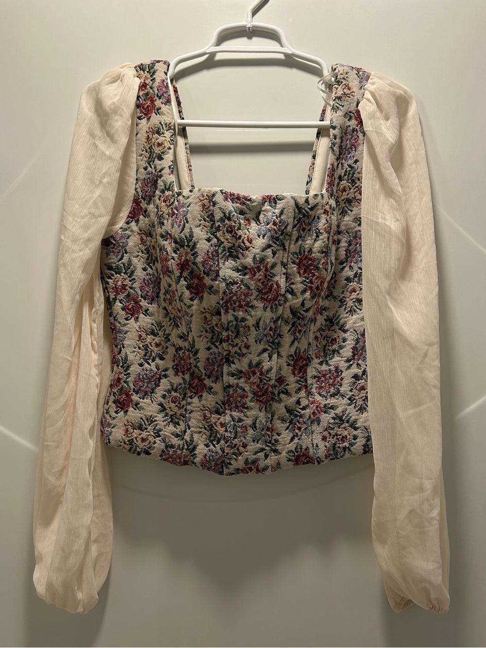 Floral Square-Neck Puff Sleeve Top - Cream and Multicolor